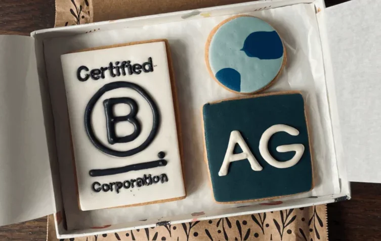 Cookies iced with "Certified B Corporation" and the AG logo